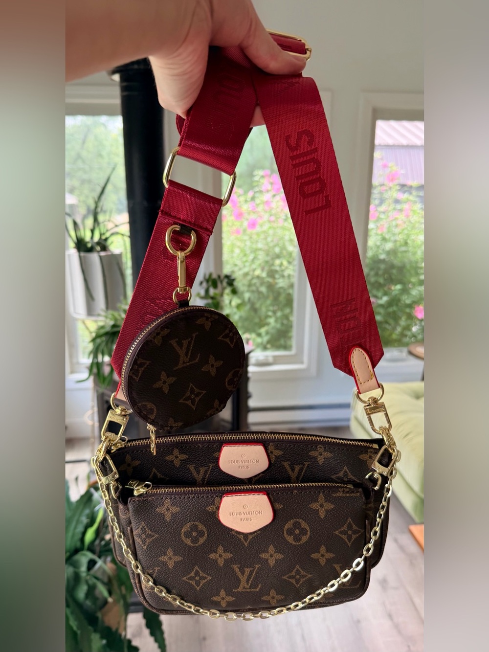 FULL SET Louis Vuitton Multi Pochette Accessoires with Magenta Adjustable Strap